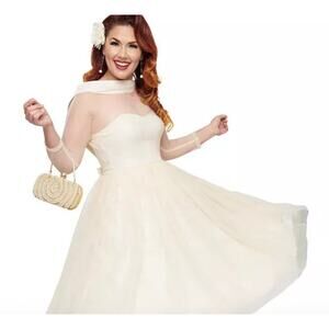Unique Vintage 1950sChiffon Boat Neck Wedding Swing Dress Ivory SZ #